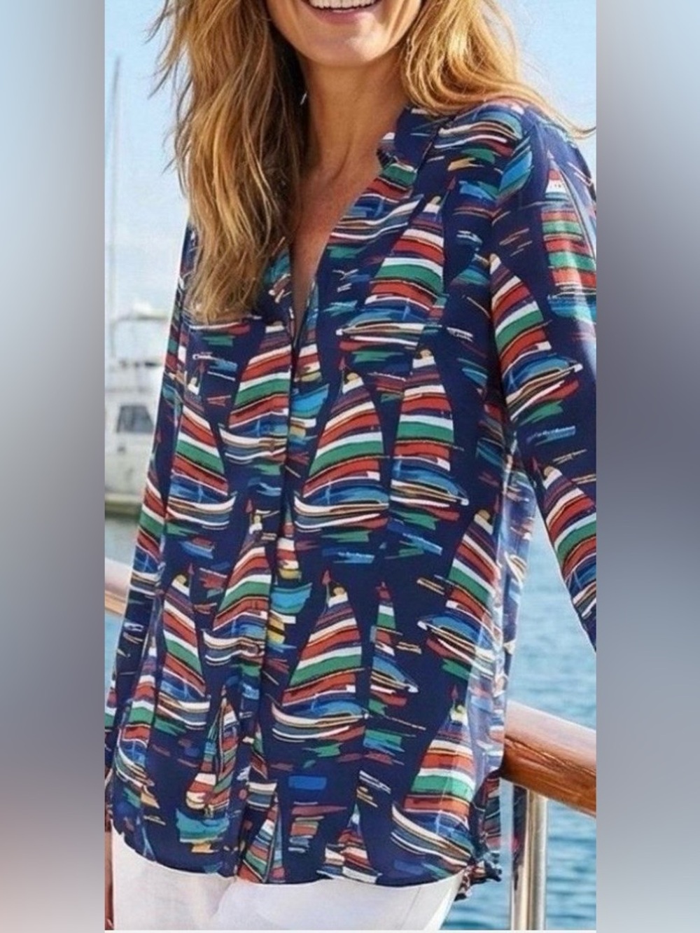 Soft Surroundings Sail Away Button Down Nautical Tunic Blouse Size L Large